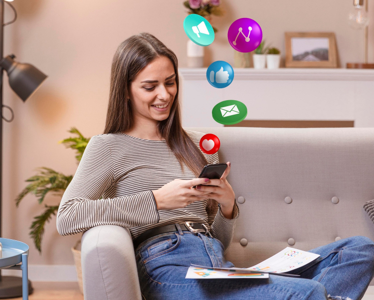 Photo of a woman scrolling through social media